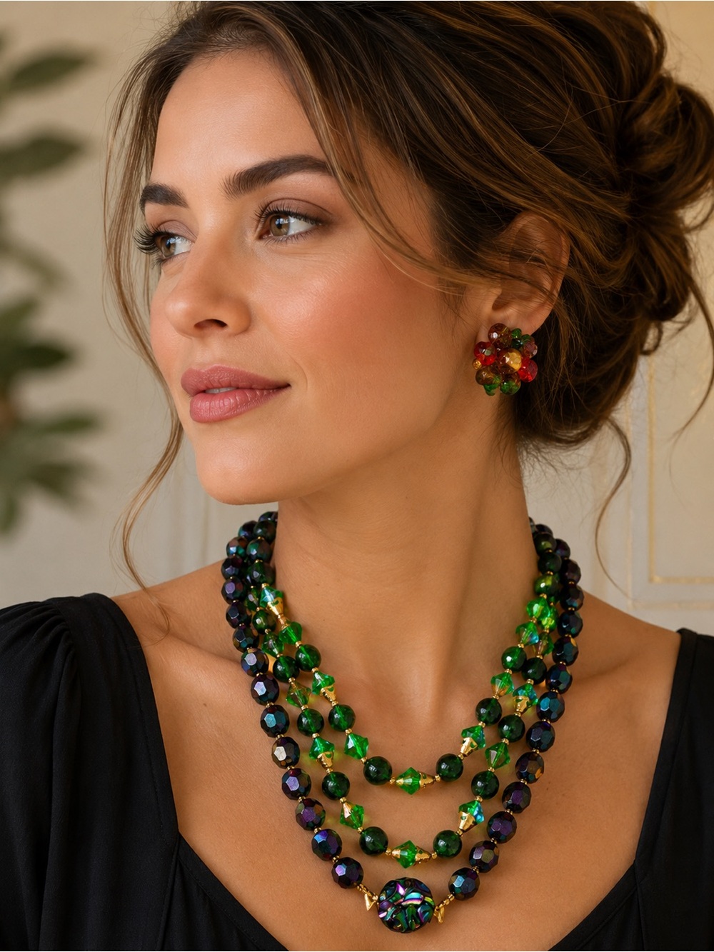 Vintage Aurora Borealis Austrian Crystal Choker Necklace Earrings Purple Green